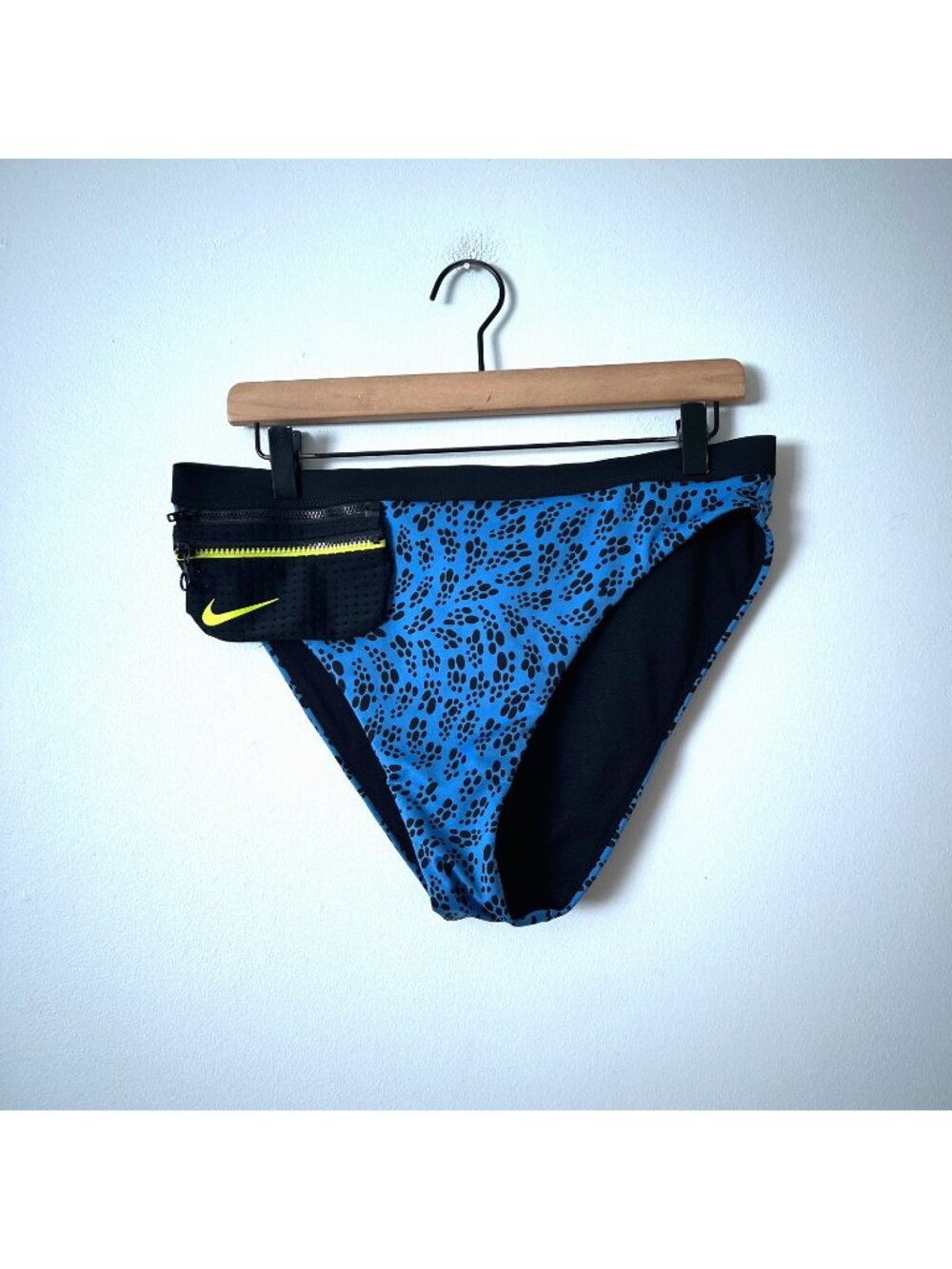 Nike Swim High Rise Bikini Bottoms Blue Black Dot Zip Pouch Women's Size Large